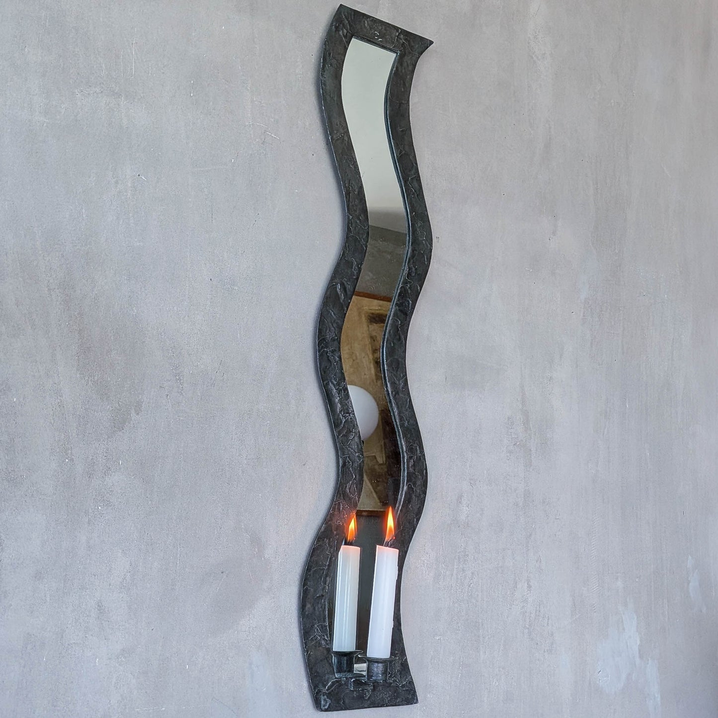 Vintage tall metalwork handmade wavy mirror candle sconce