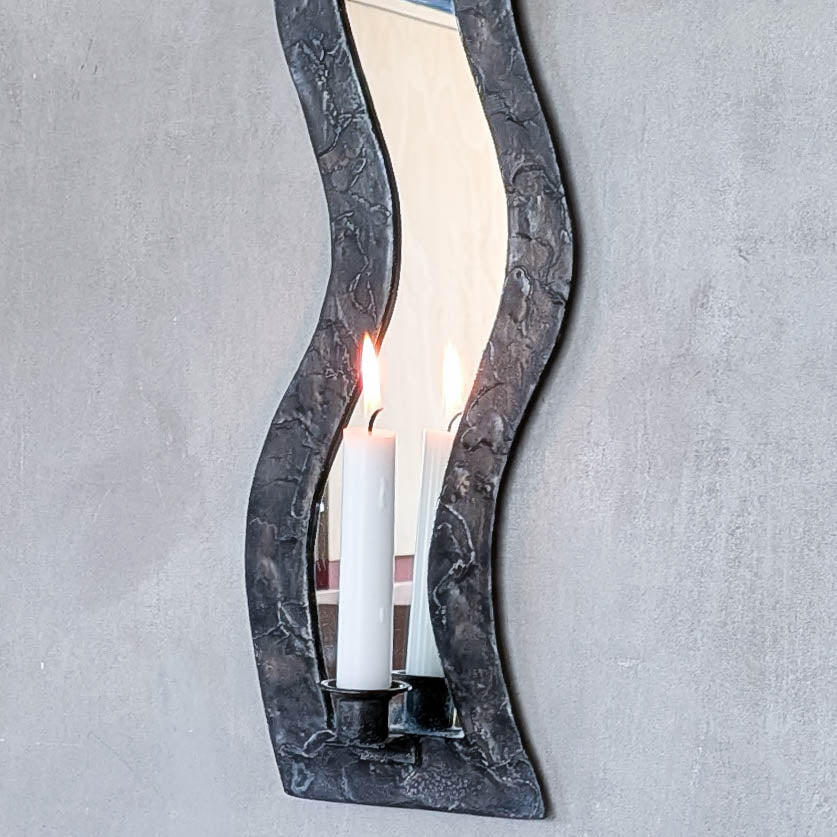 Vintage tall metalwork handmade wavy mirror candle sconce