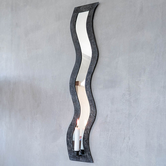 Vintage tall metalwork handmade wavy mirror candle sconce