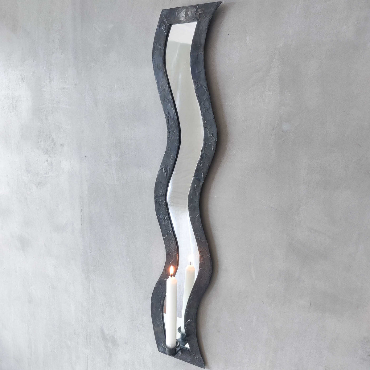 Vintage tall metalwork handmade wavy mirror candle sconce