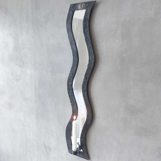 Vintage tall metalwork handmade wavy mirror candle sconce