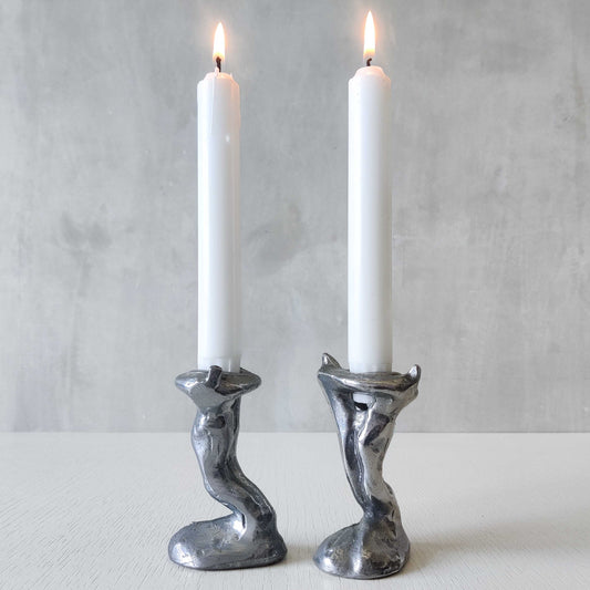 Pair of vintage 1980s ART3 David Marshall style cast aluminum brutalist candle holders