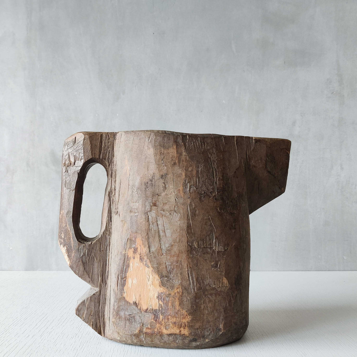 Folk art sculptural heavy hardwood chainsaw cut carved jug 1