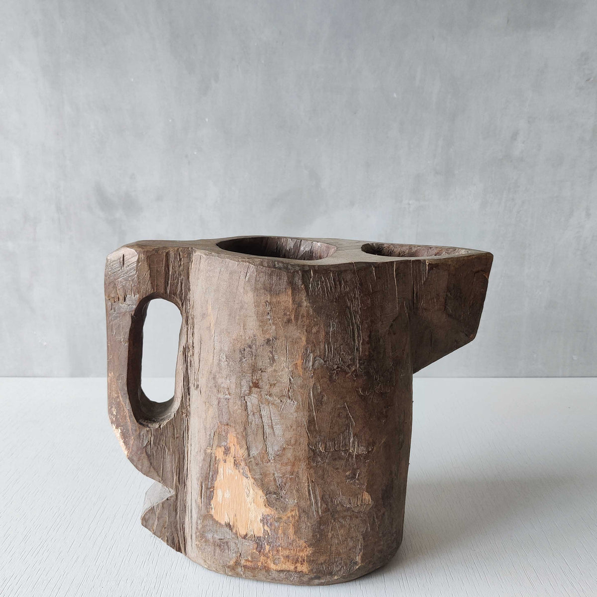 Folk art sculptural heavy hardwood chainsaw cut carved jug 1