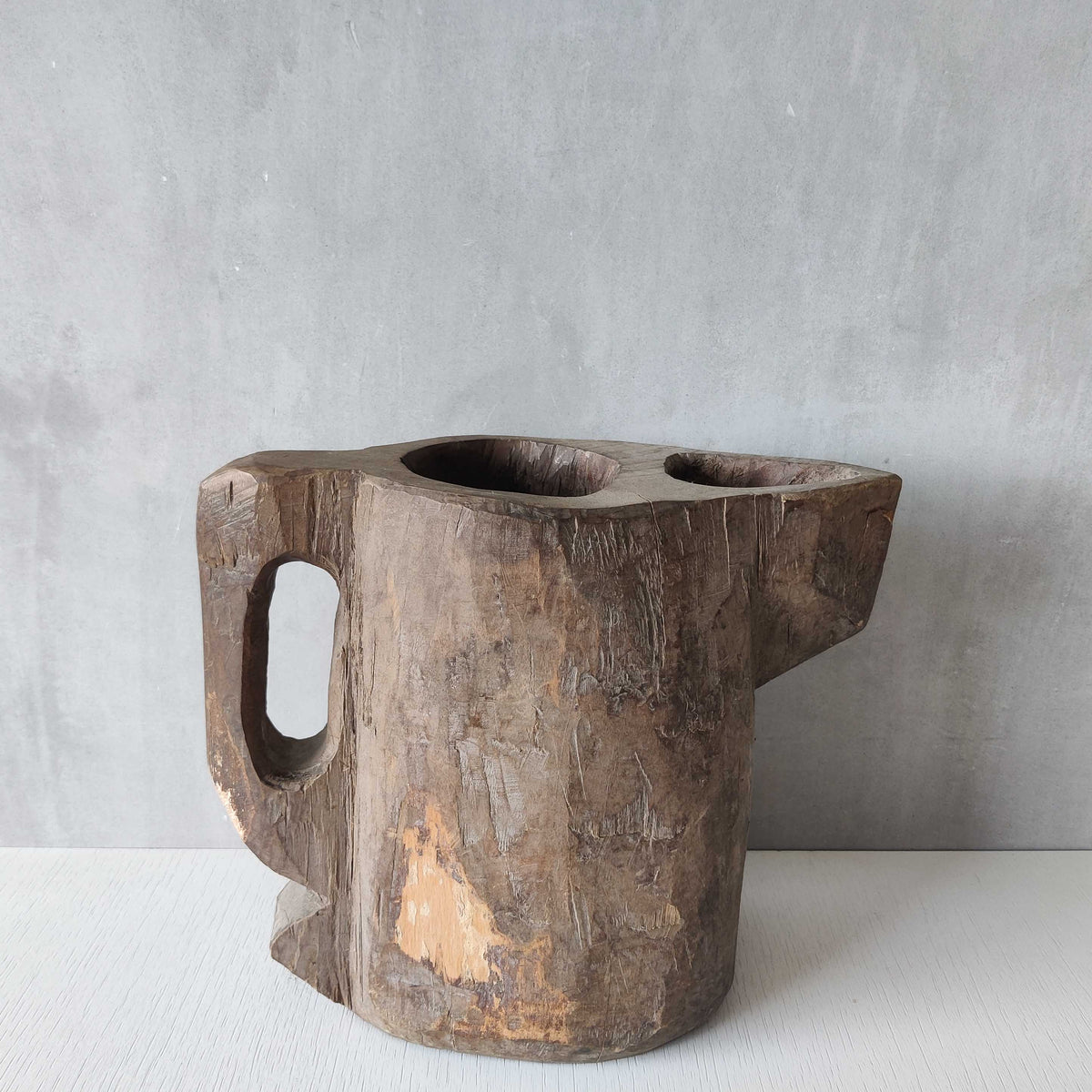 Folk art sculptural heavy hardwood chainsaw cut carved jug 1