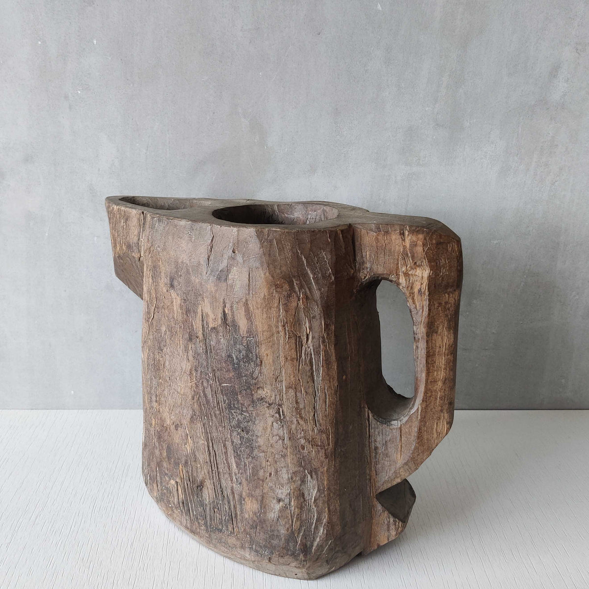 Folk art sculptural heavy hardwood chainsaw cut carved jug 1