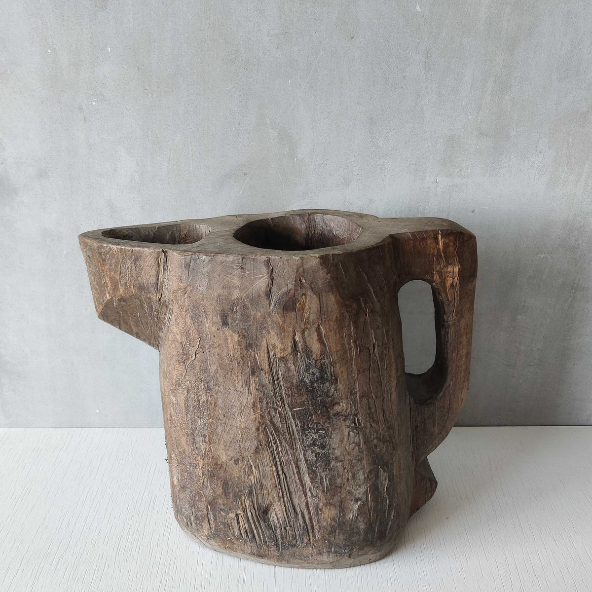 Folk art sculptural heavy hardwood chainsaw cut carved jug 1