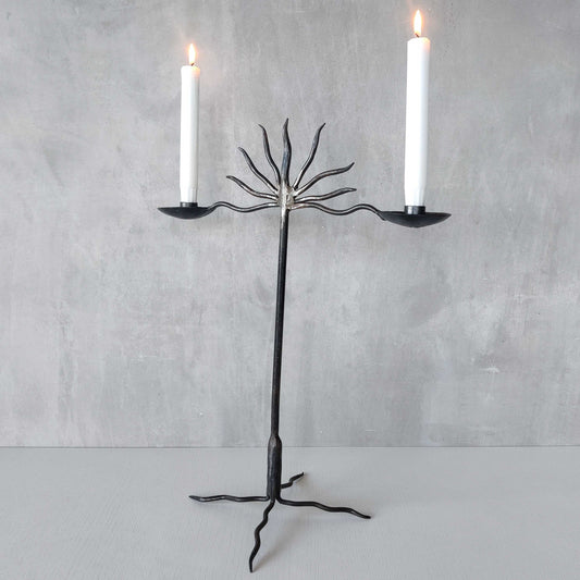 Vintage hand forged studio metalwork steel sculptural sun candelabra