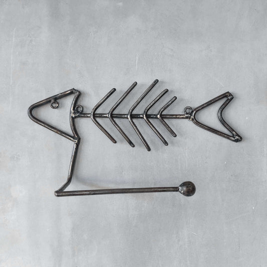 Vintage artisan made metalwork welded steel fish skeleton toilet roll holder