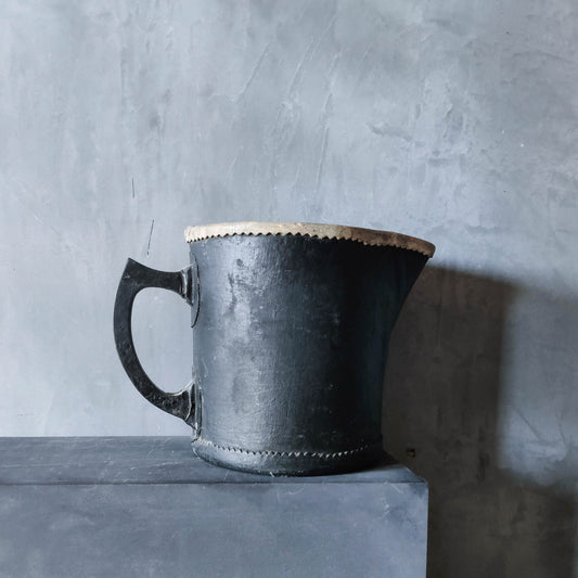 English Antique early leather or cloth Bombard jug Blackjack pitcher black