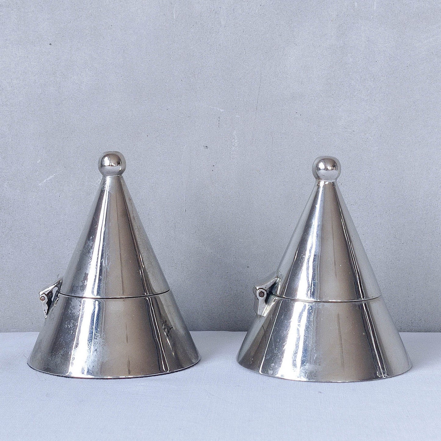 Pair vintage conical silver chrome tea light holders Aldo Rossi Alessi modernist