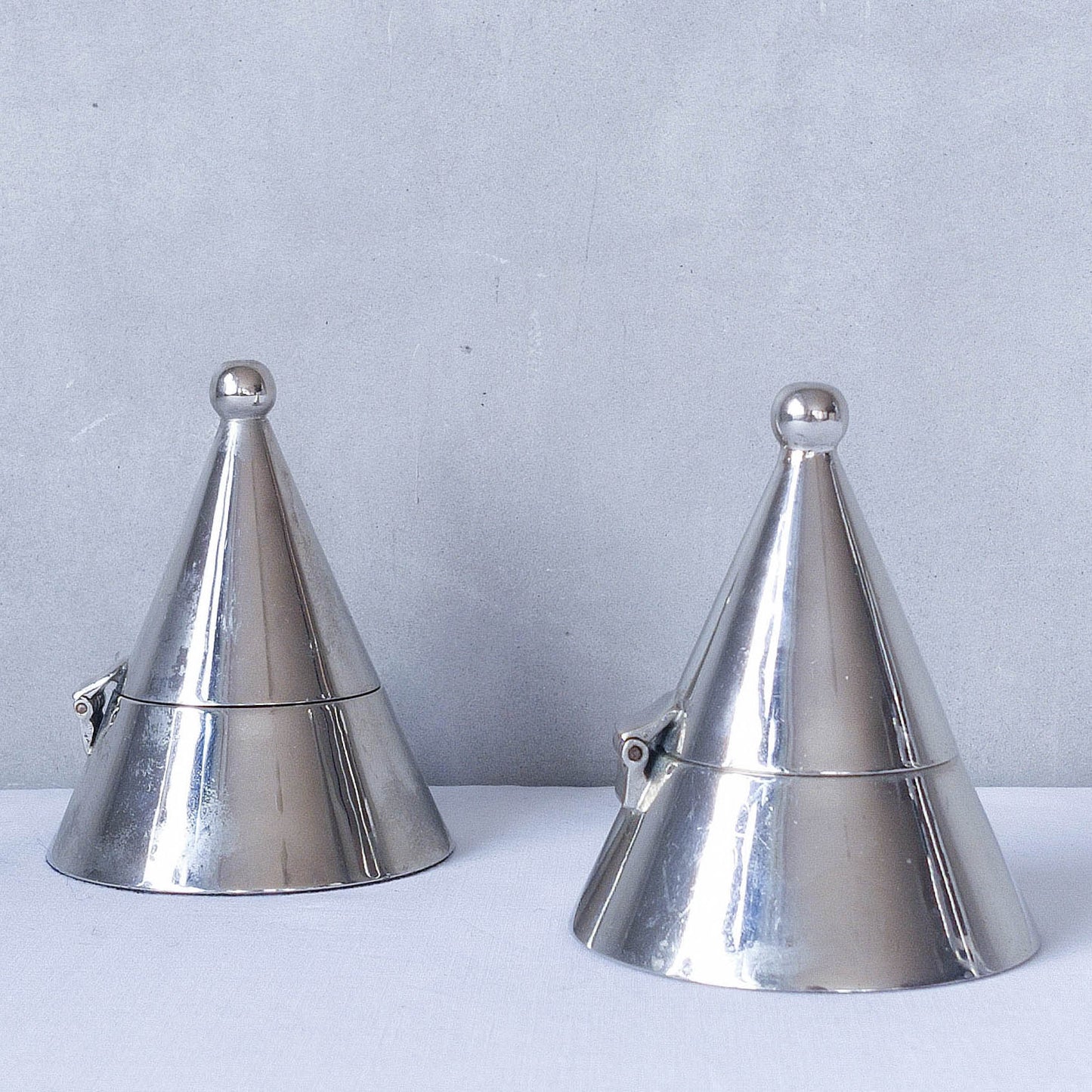 Pair vintage conical silver chrome tea light holders Aldo Rossi Alessi modernist