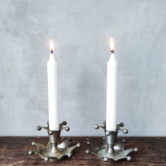 Pair x 2 vintage silver metal candle holders whimsical crown jester 1990s