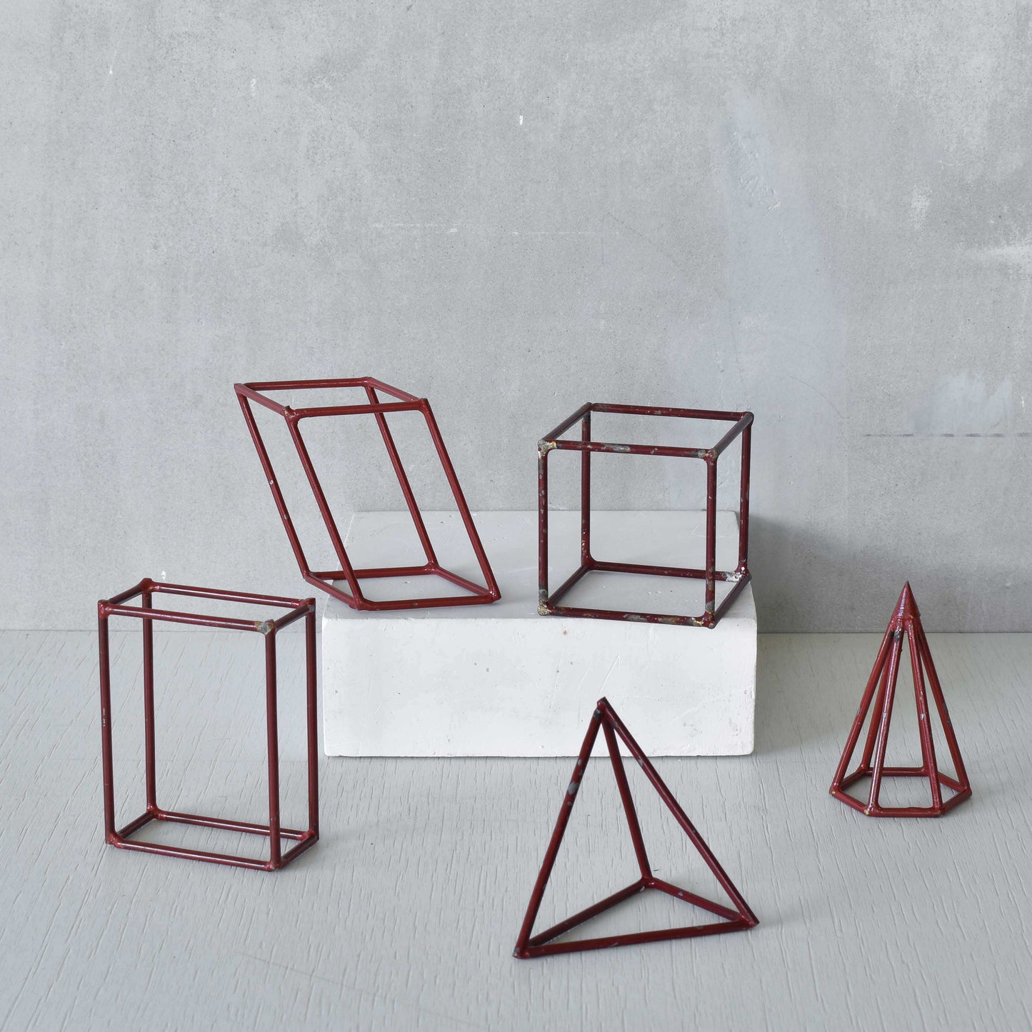 Set of 5 geometric steel wire red 1950s modernist teaching models