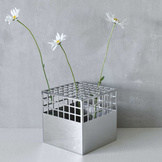 Georg Jensen Matrix stainless steel gridded cube vase designed by Monica Förster
