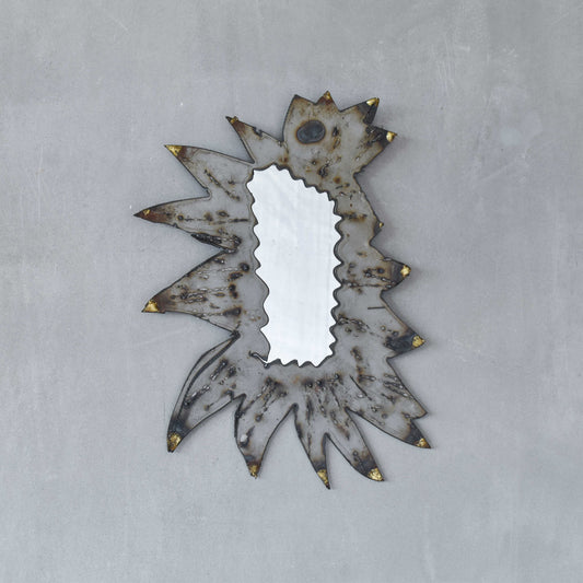 Vintage small torch cut jagged raw edge abstract metalwork mirror