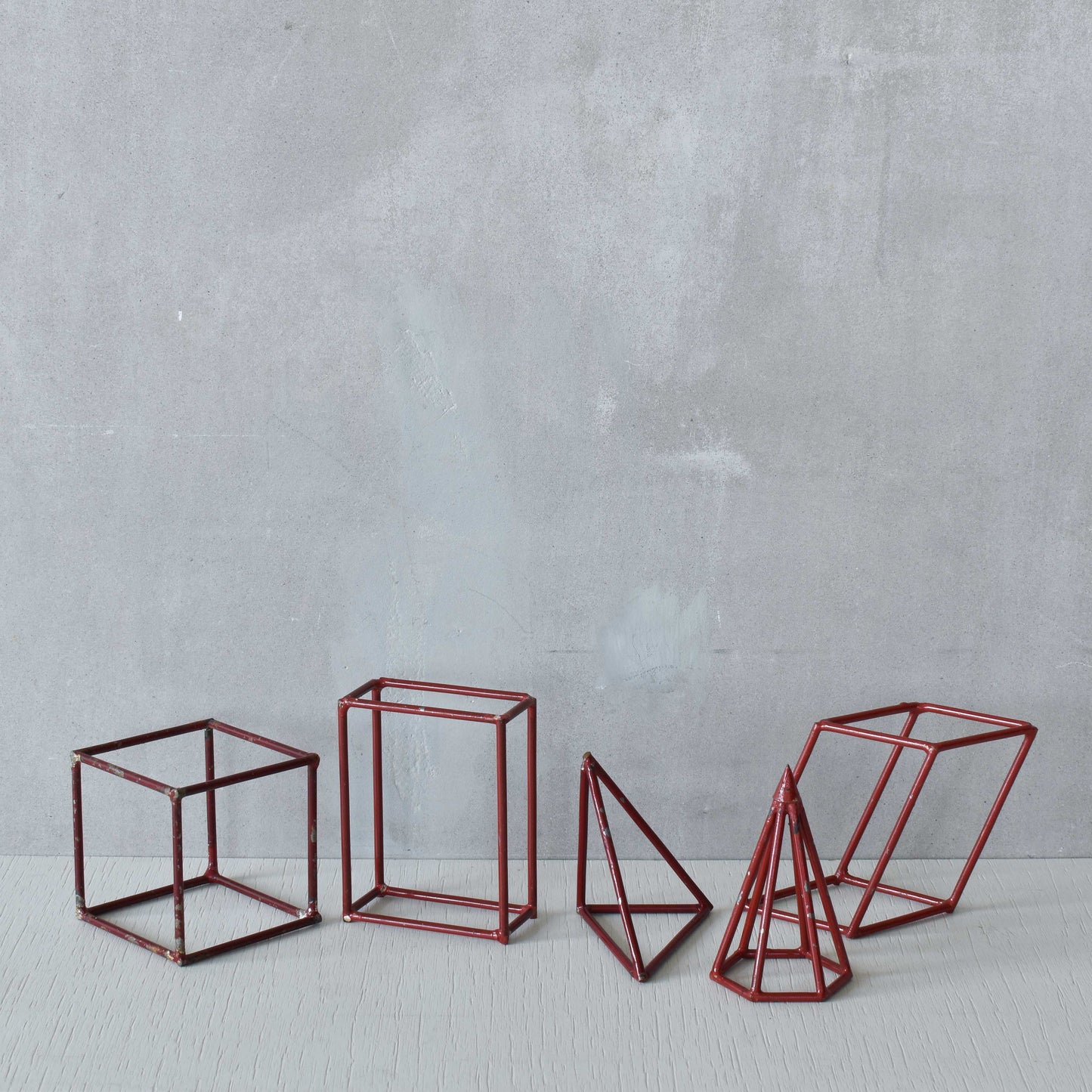 Set of 5 geometric steel wire red 1950s modernist teaching models