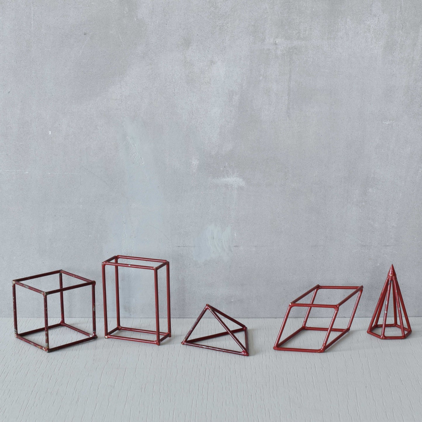 Set of 5 geometric steel wire red 1950s modernist teaching models