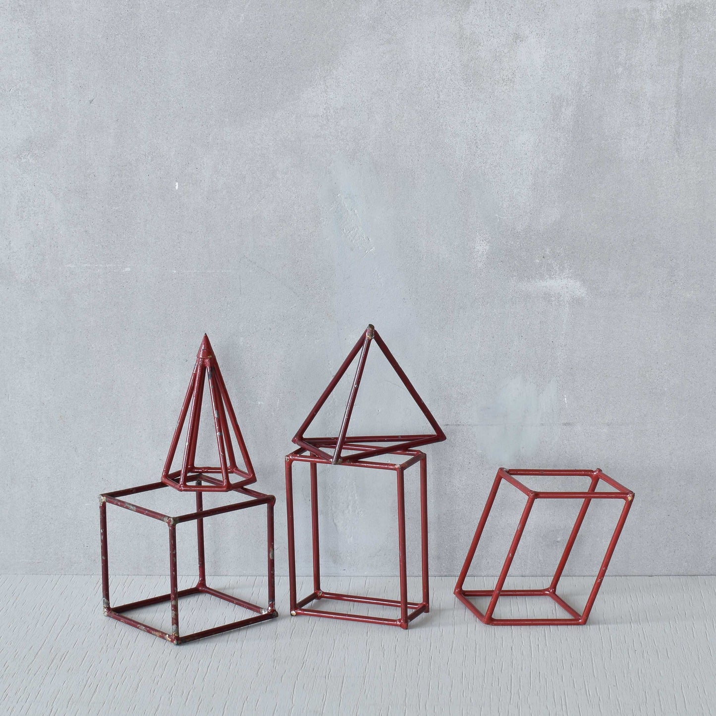 Set of 5 geometric steel wire red 1950s modernist teaching models