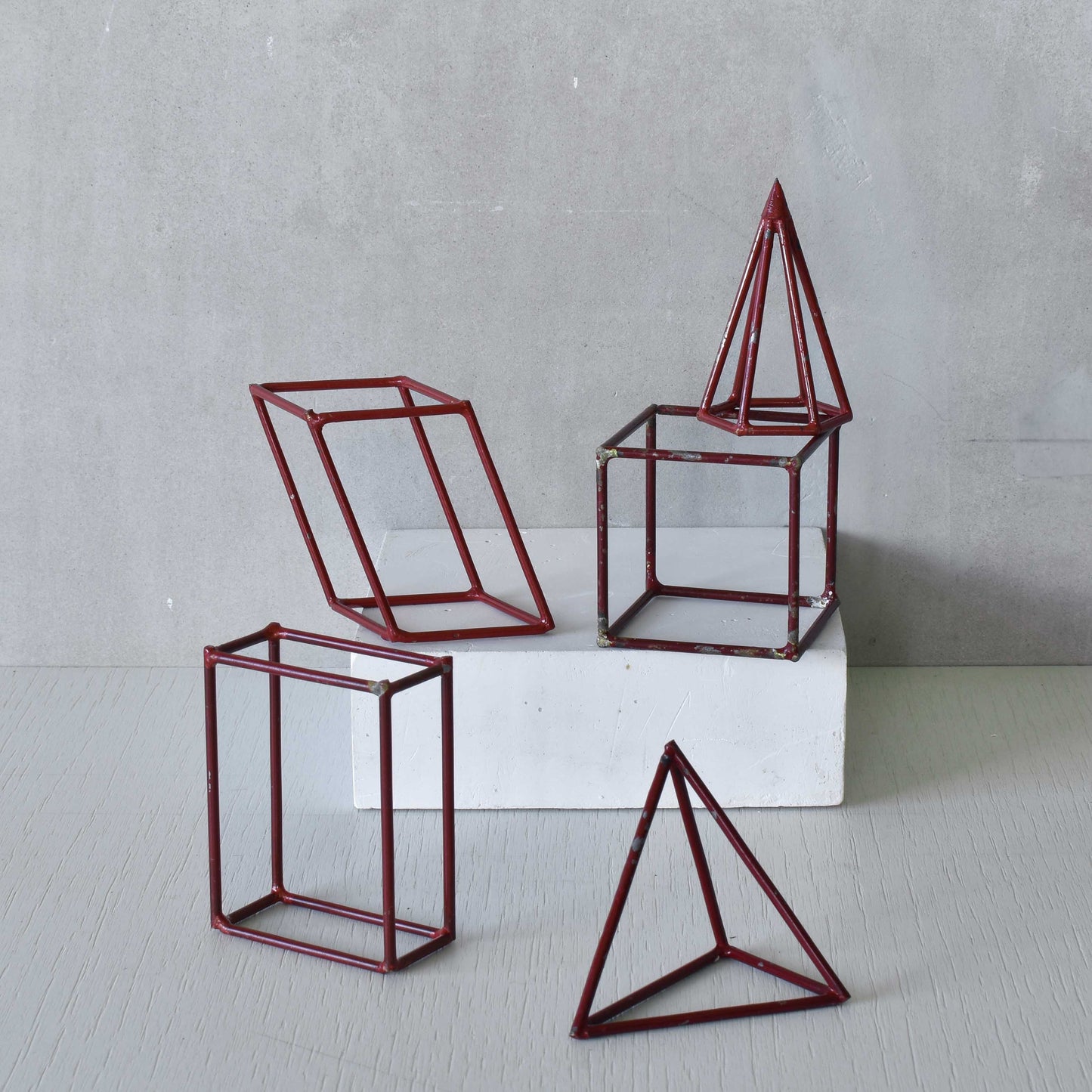 Set of 5 geometric steel wire red 1950s modernist teaching models