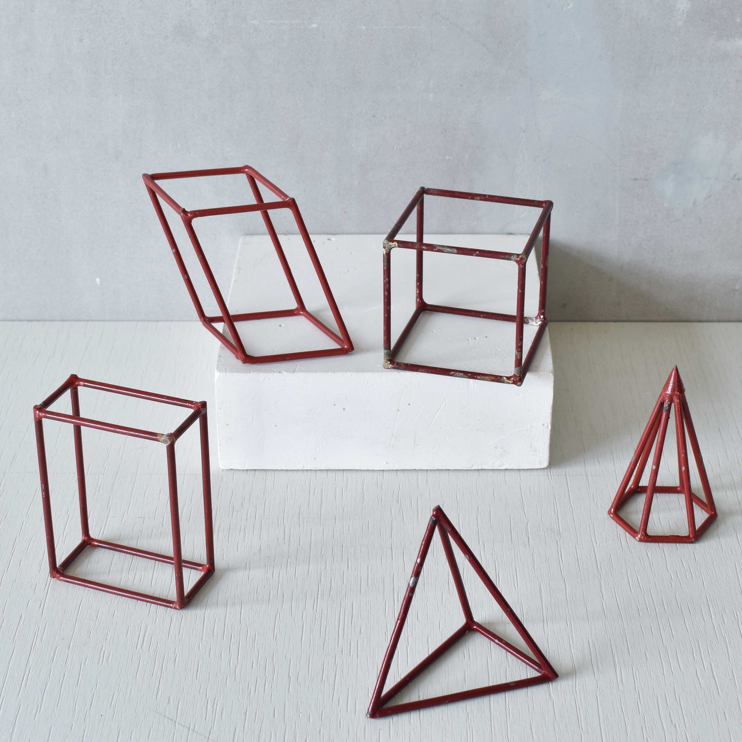 Set of 5 geometric steel wire red 1950s modernist teaching models