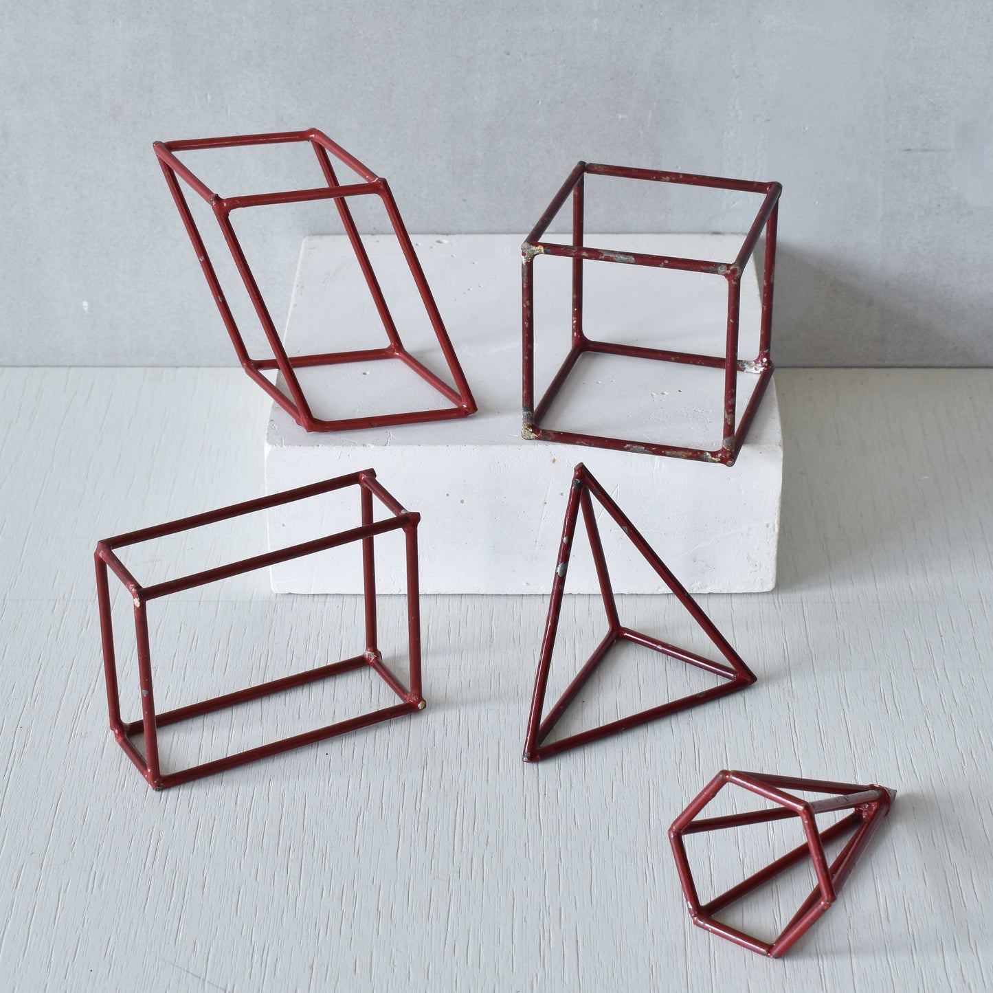 Set of 5 geometric steel wire red 1950s modernist teaching models