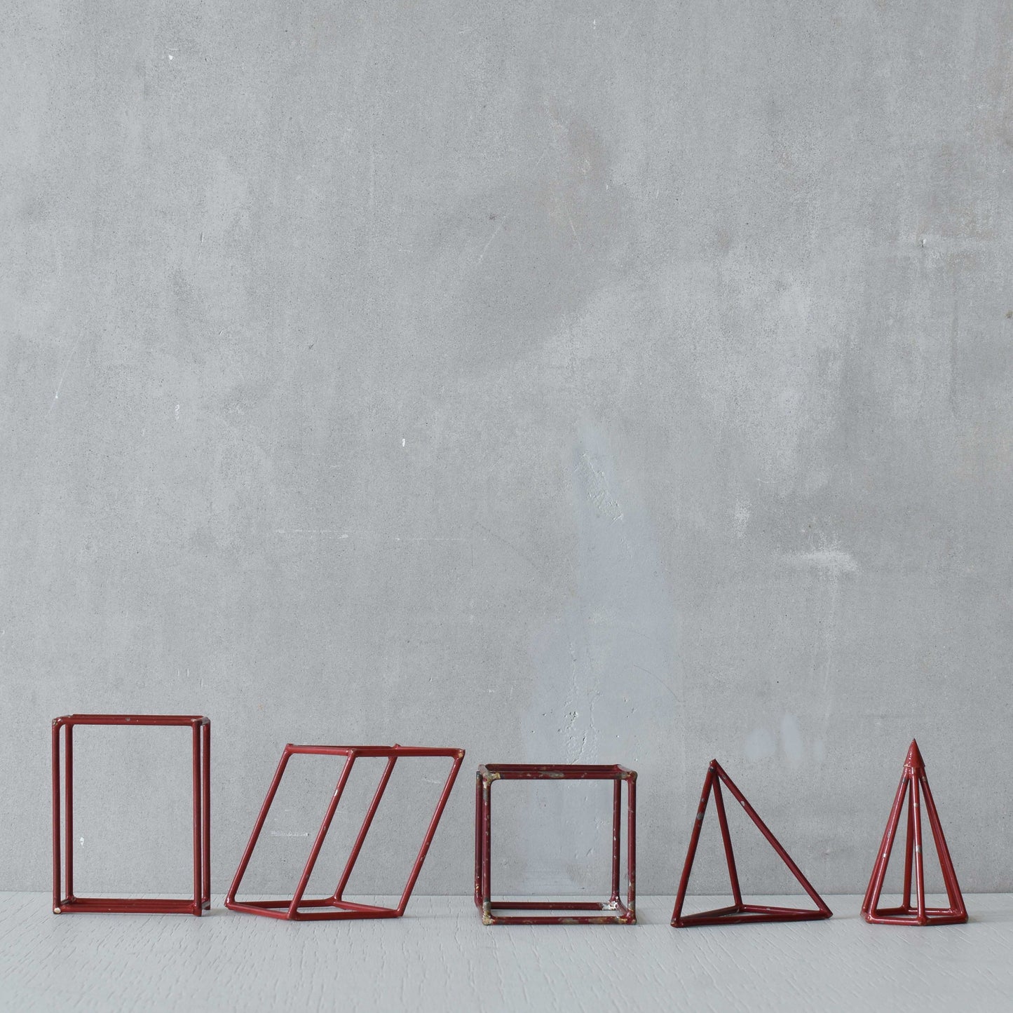 Set of 5 geometric steel wire red 1950s modernist teaching models
