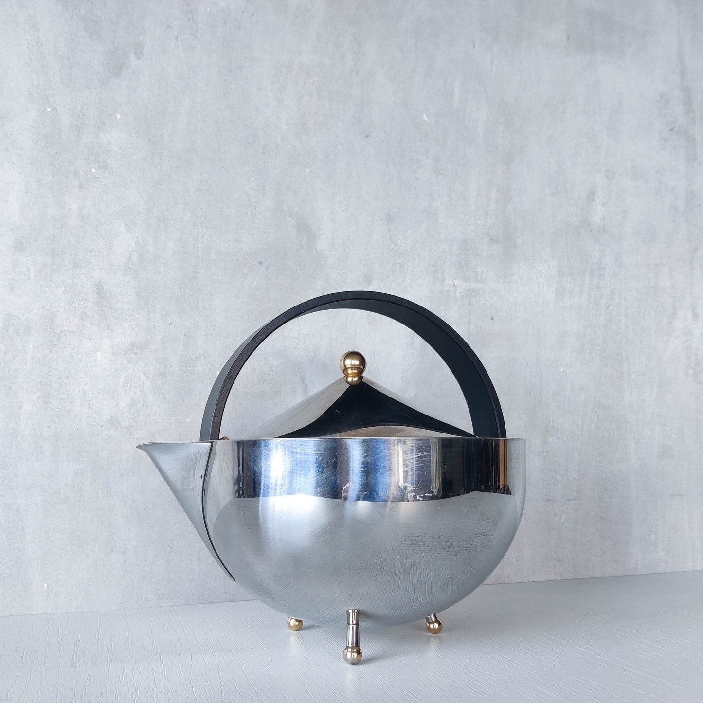 1980s Carsten Jorgensen stainless steel and brass 'Teabowl' teapot for Bodum