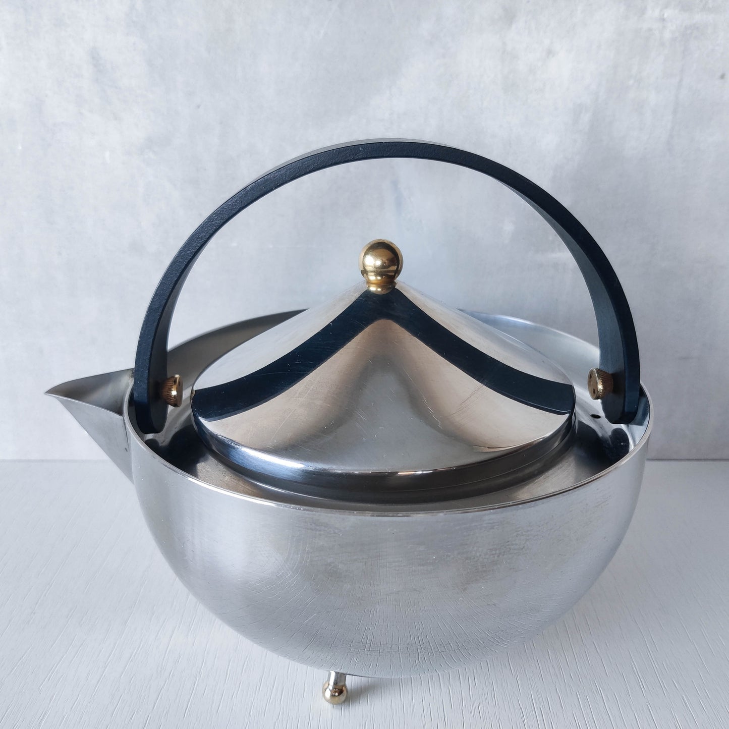 1980s Carsten Jorgensen stainless steel and brass 'Teabowl' teapot for Bodum