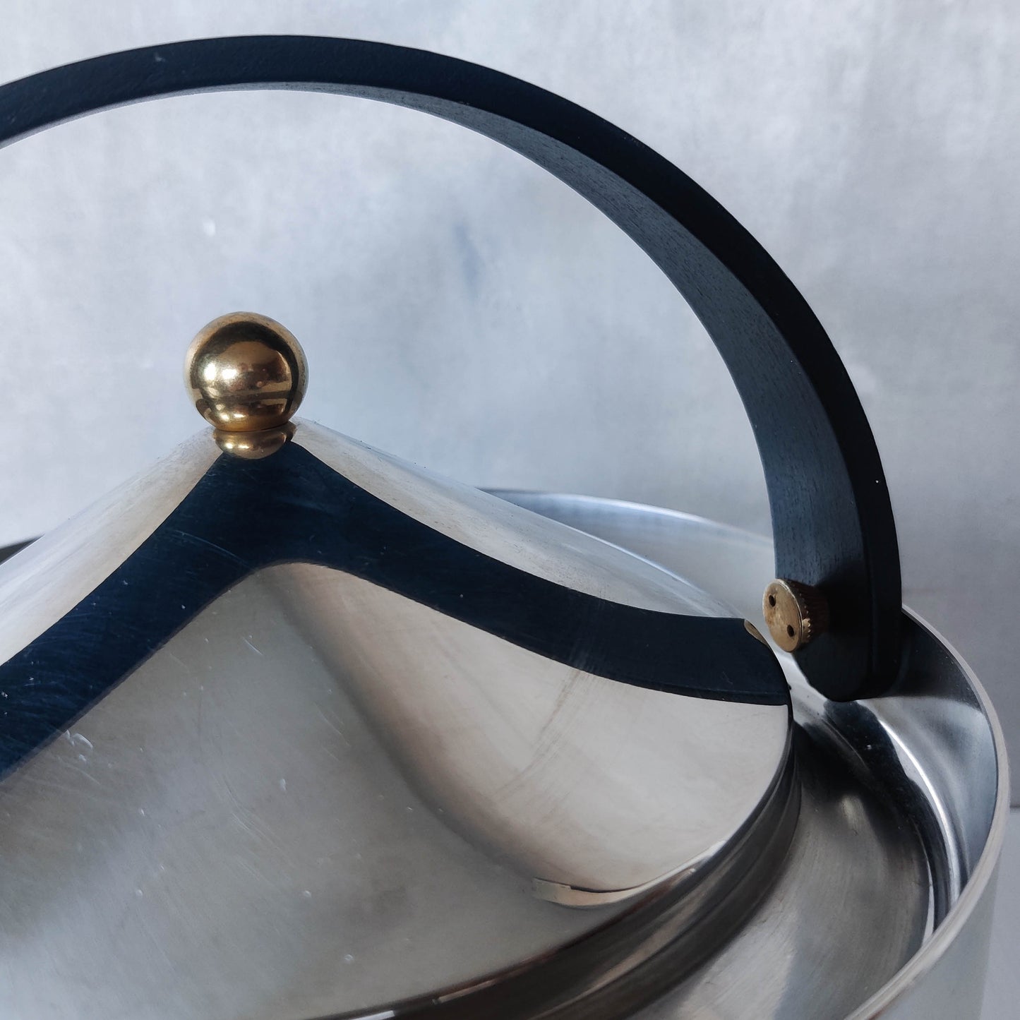 1980s Carsten Jorgensen stainless steel and brass 'Teabowl' teapot for Bodum