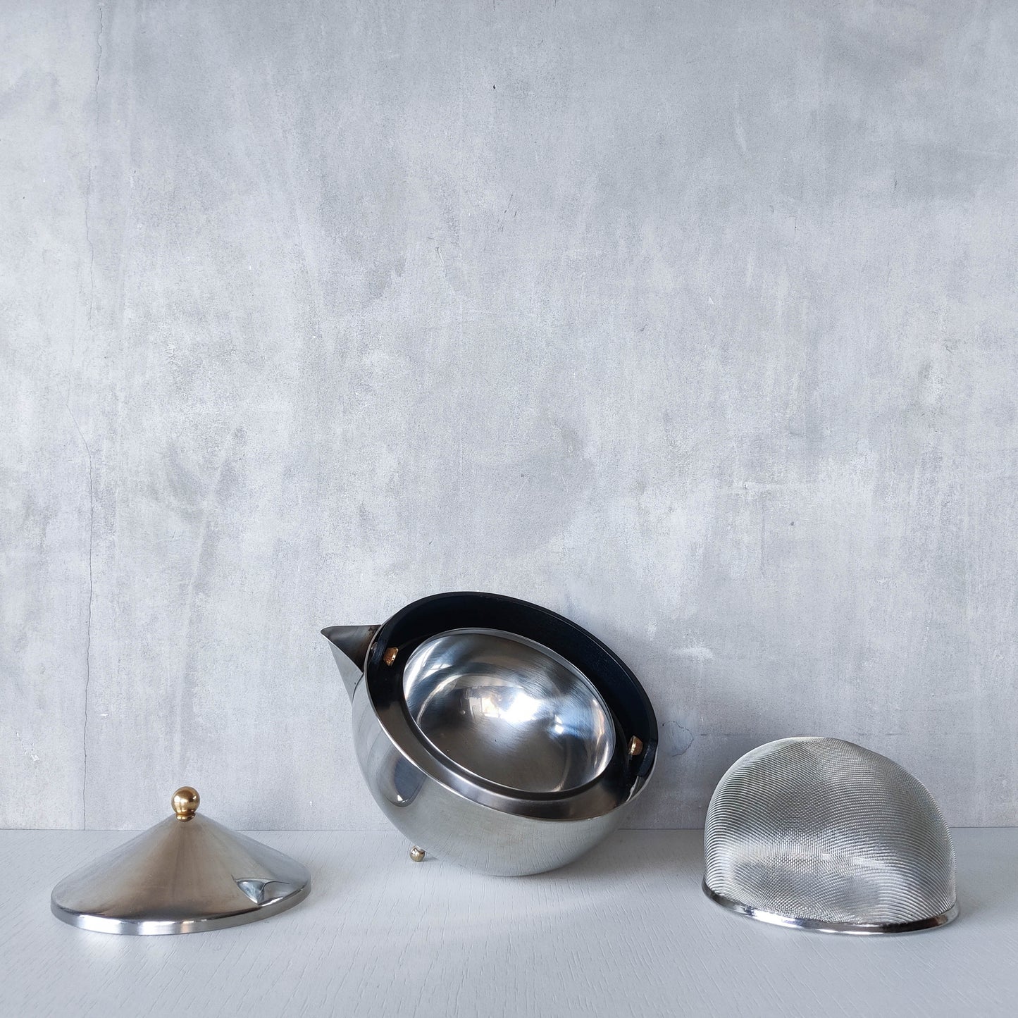 1980s Carsten Jorgensen stainless steel and brass 'Teabowl' teapot for Bodum
