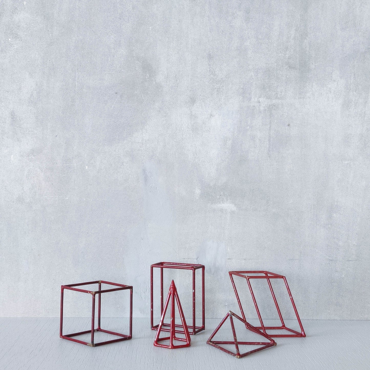Set of 5 geometric steel wire red 1950s modernist teaching models