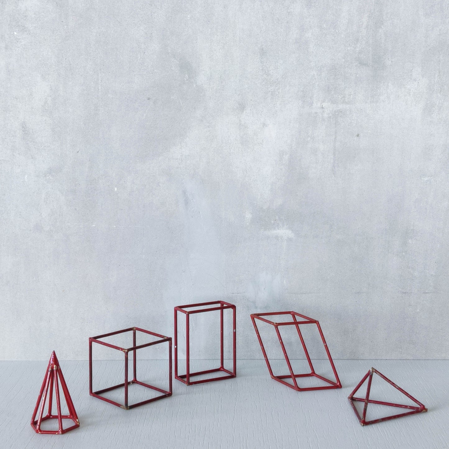 Set of 5 geometric steel wire red 1950s modernist teaching models