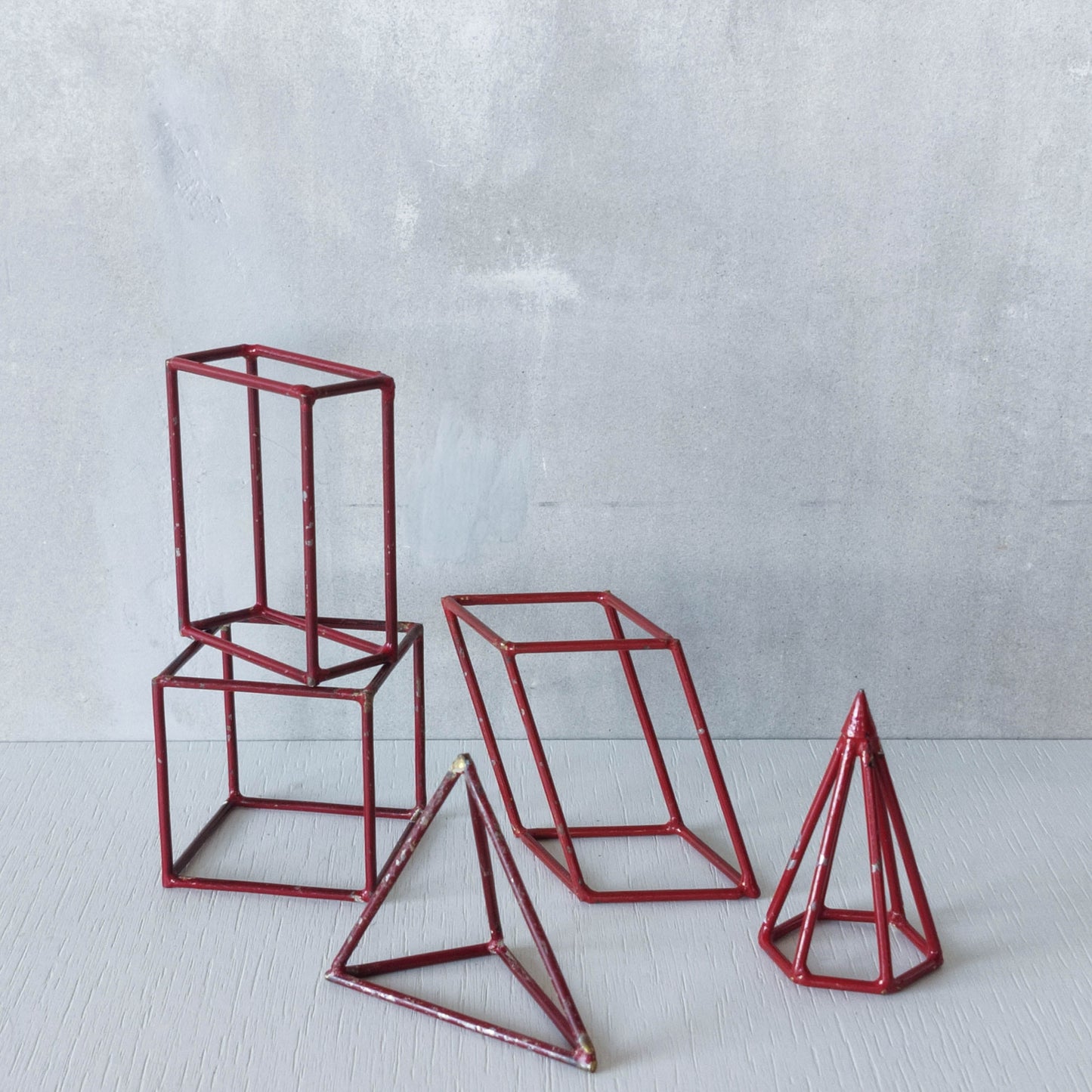 Set of 5 geometric steel wire red 1950s modernist teaching models