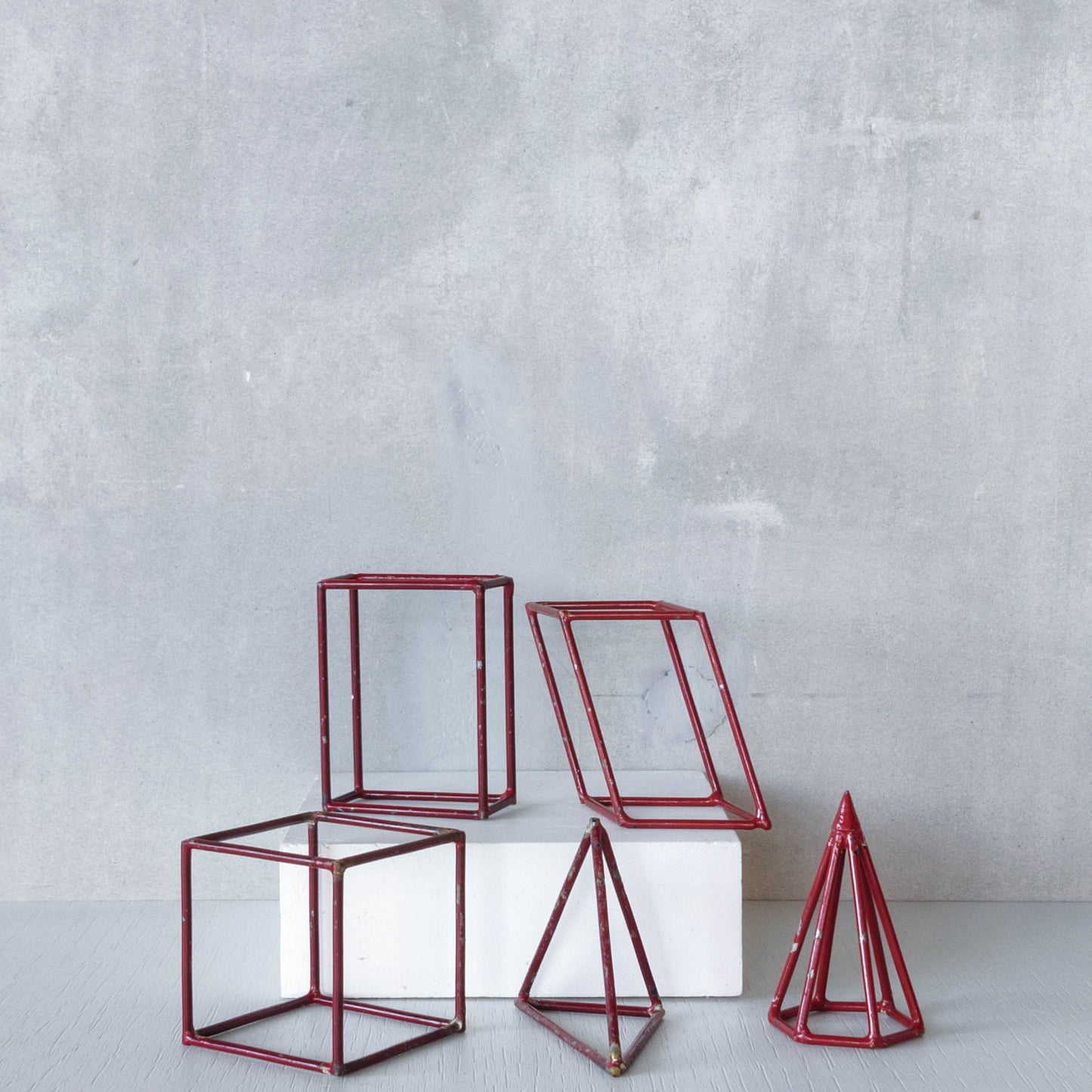 Set of 5 geometric steel wire red 1950s modernist teaching models