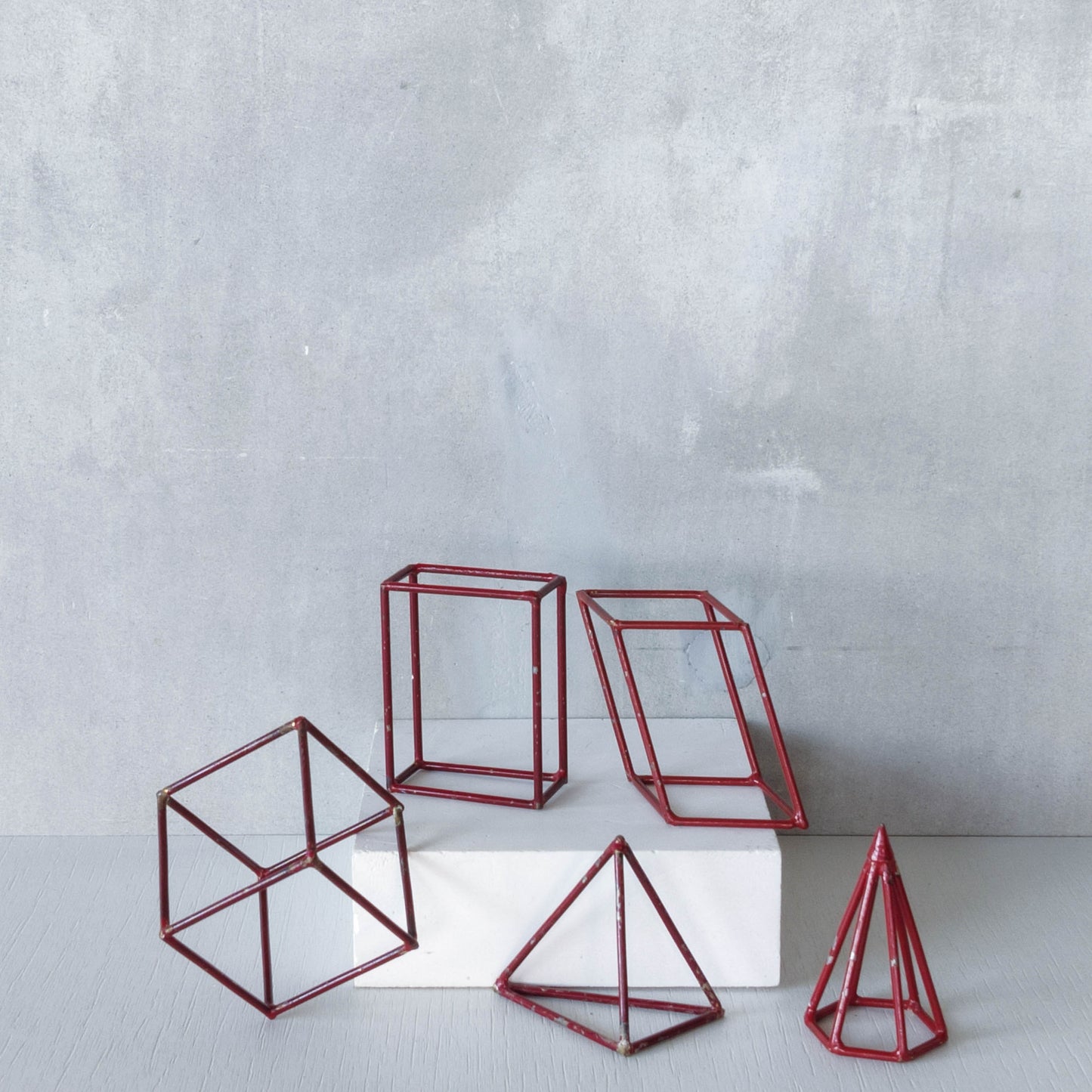 Set of 5 geometric steel wire red 1950s modernist teaching models