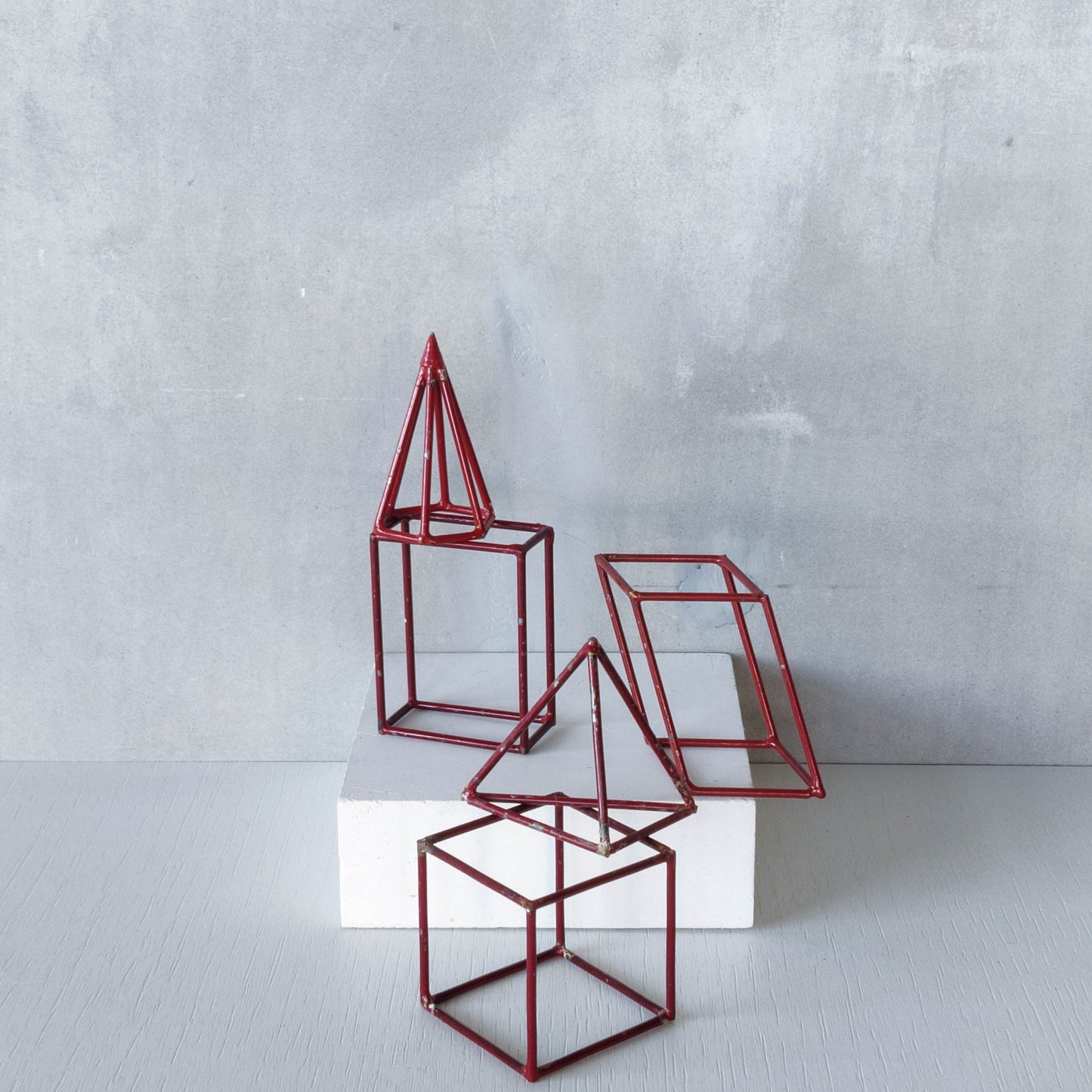 Set of 5 geometric steel wire red 1950s modernist teaching models