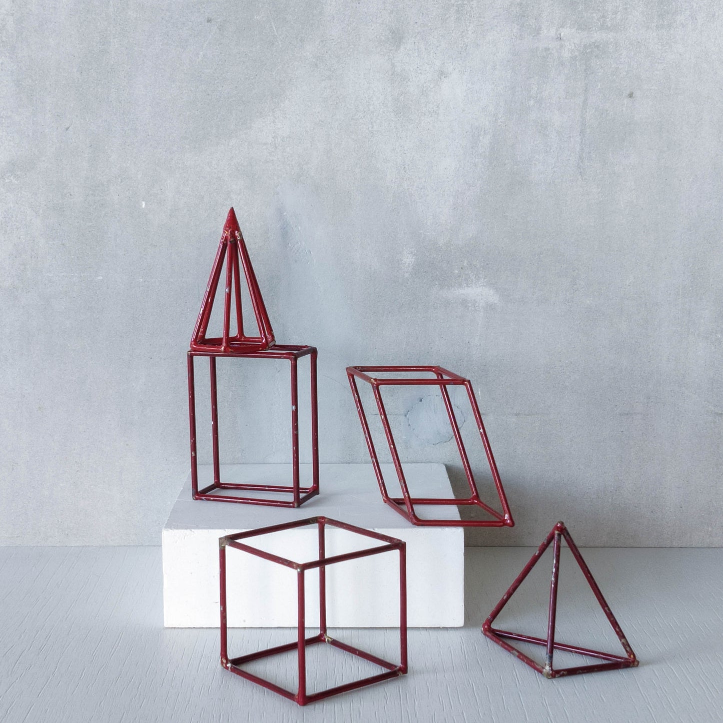 Set of 5 geometric steel wire red 1950s modernist teaching models