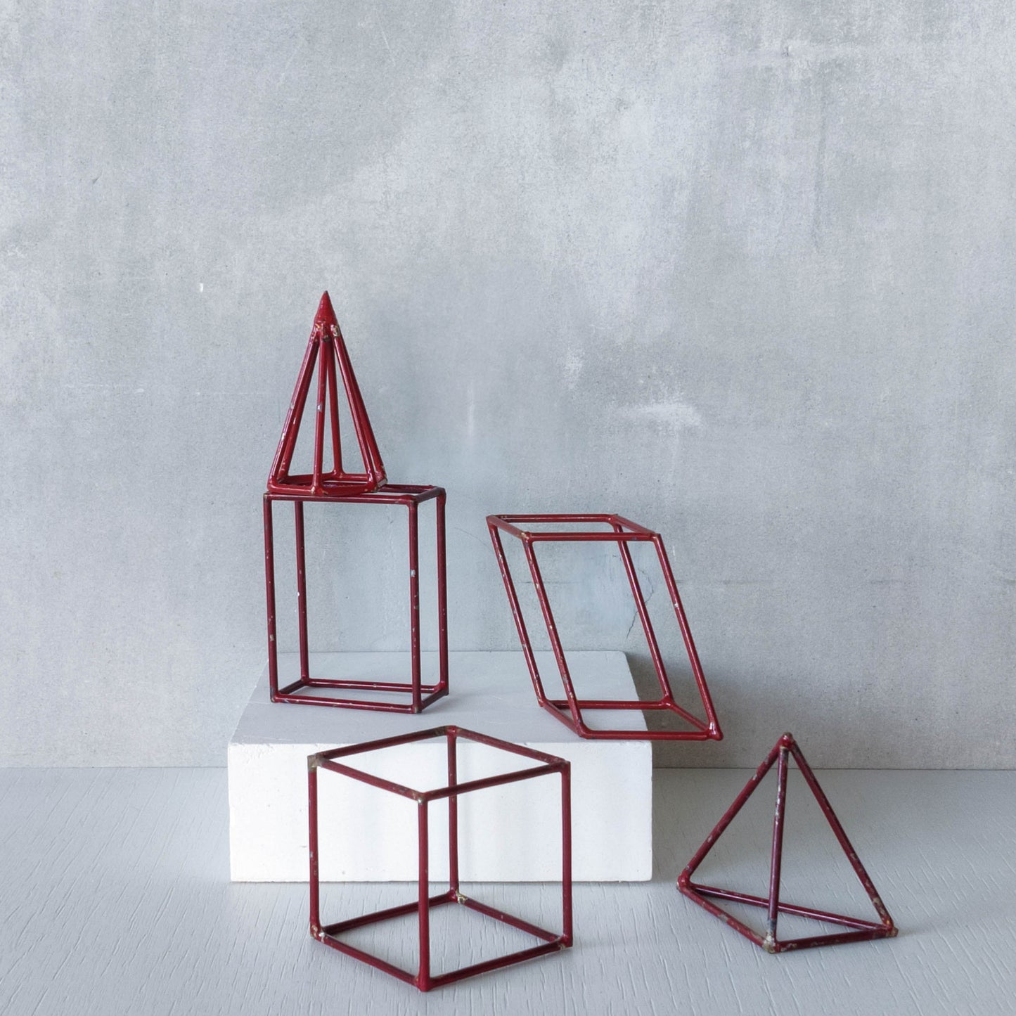 Set of 5 geometric steel wire red 1950s modernist teaching models