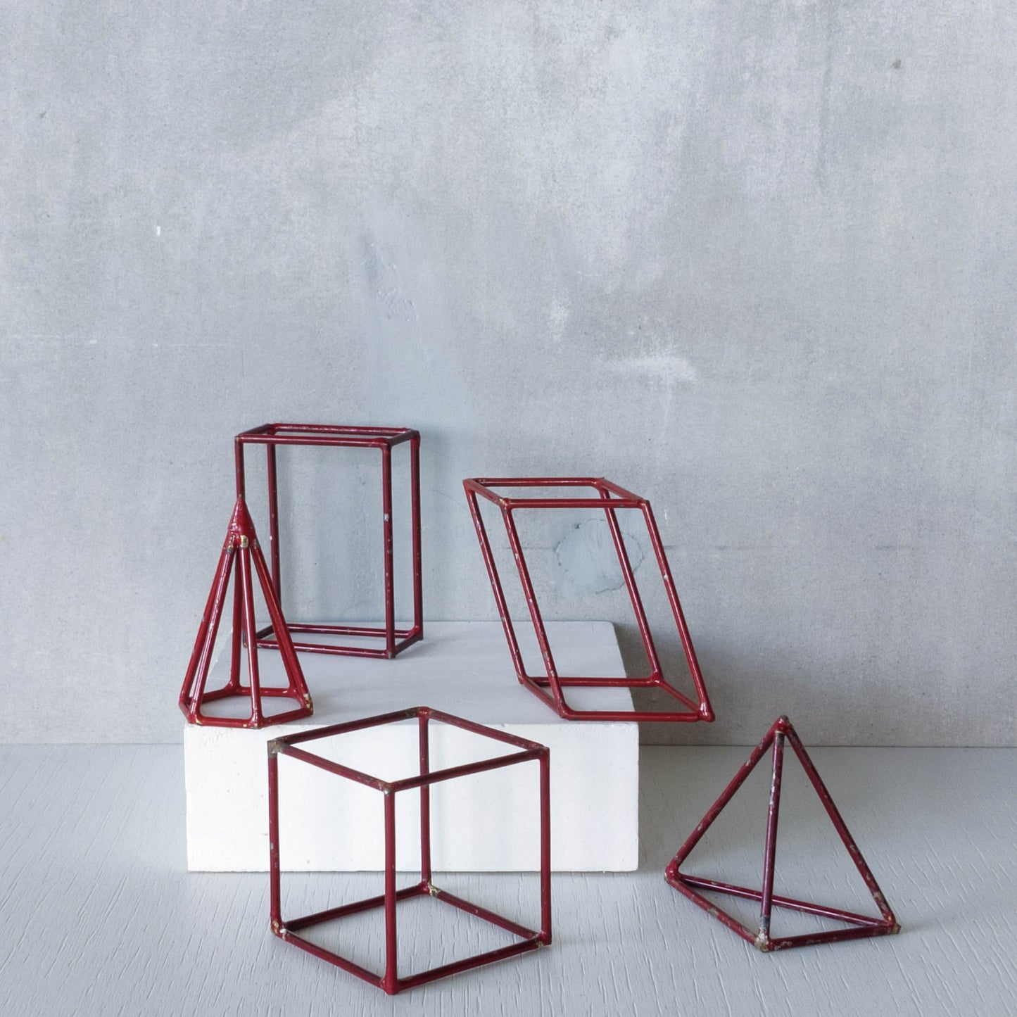 Set of 5 geometric steel wire red 1950s modernist teaching models