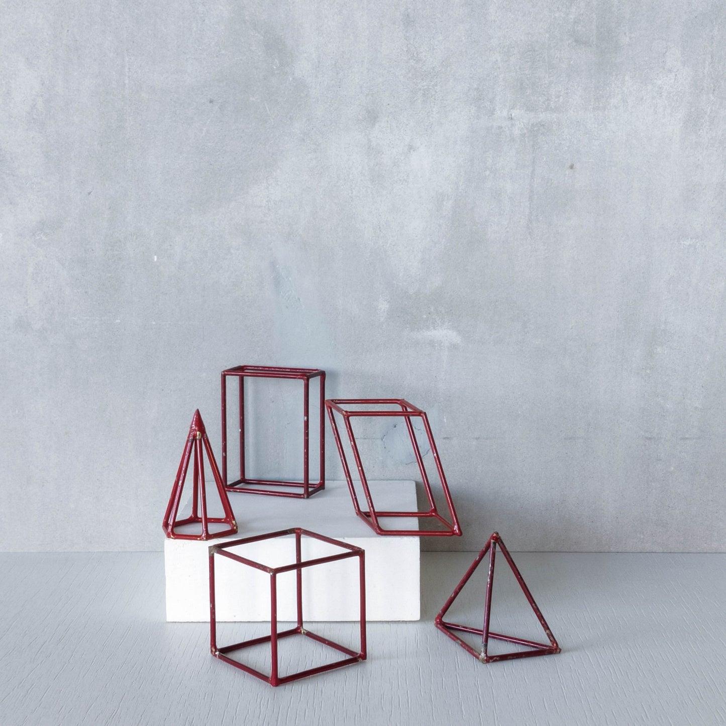 Set of 5 geometric steel wire red 1950s modernist teaching models