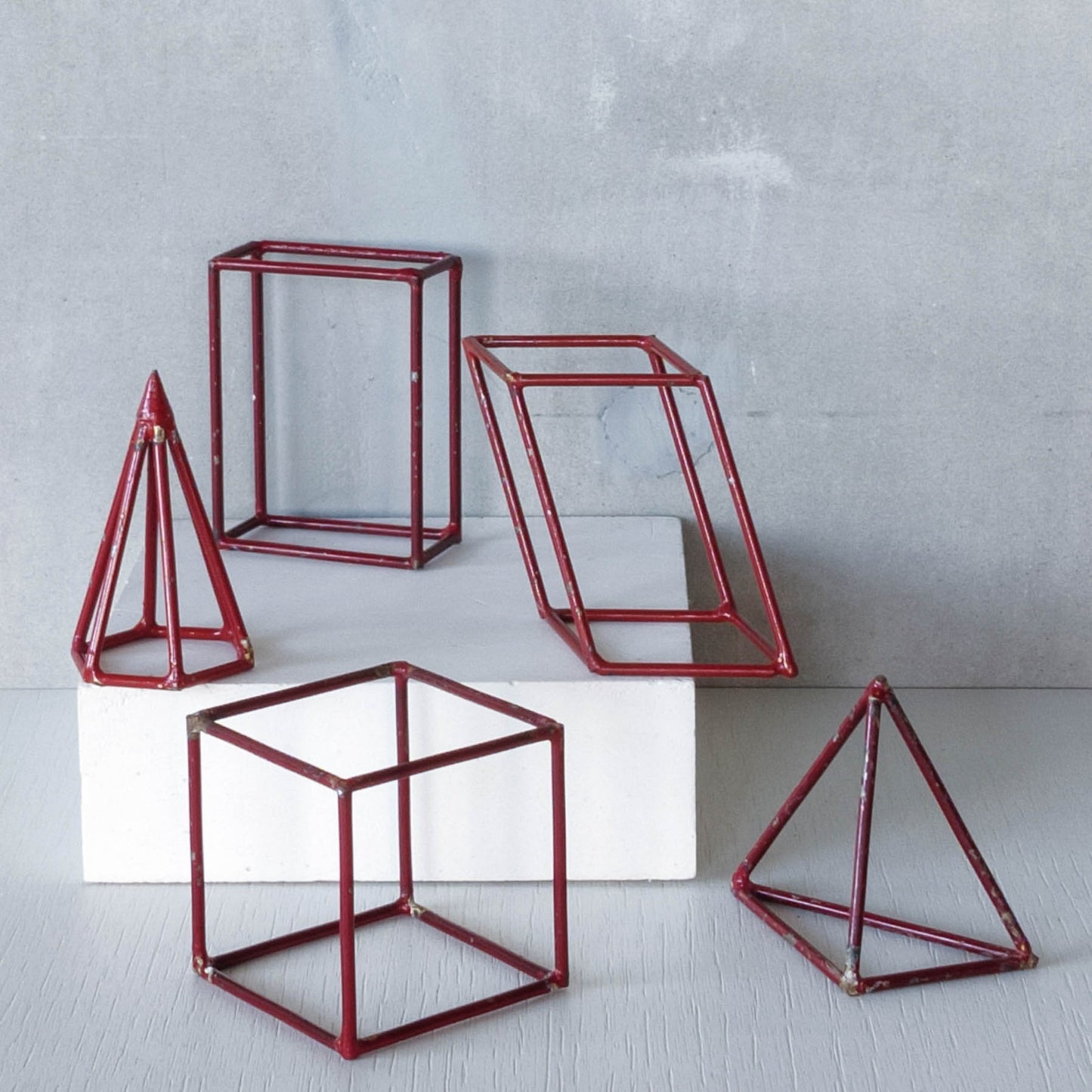 Set of 5 geometric steel wire red 1950s modernist teaching models