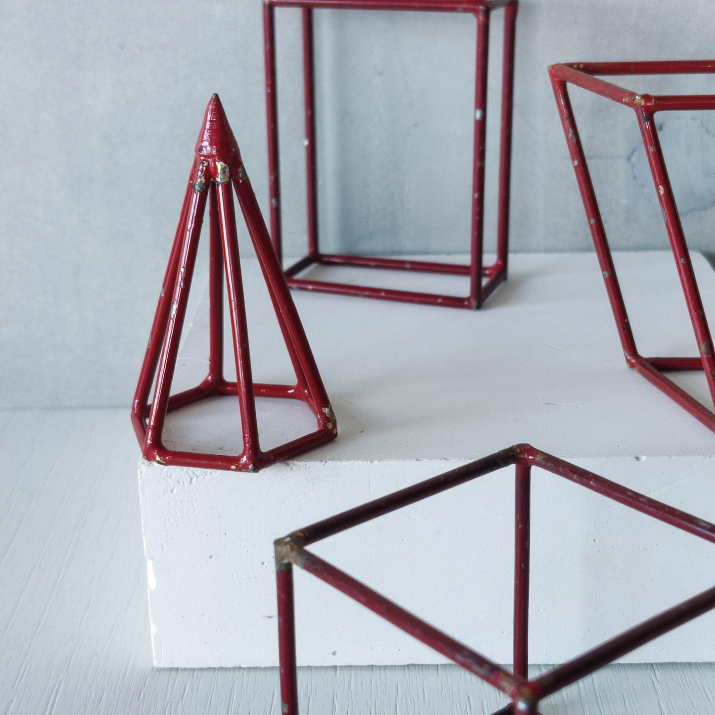 Set of 5 geometric steel wire red 1950s modernist teaching models