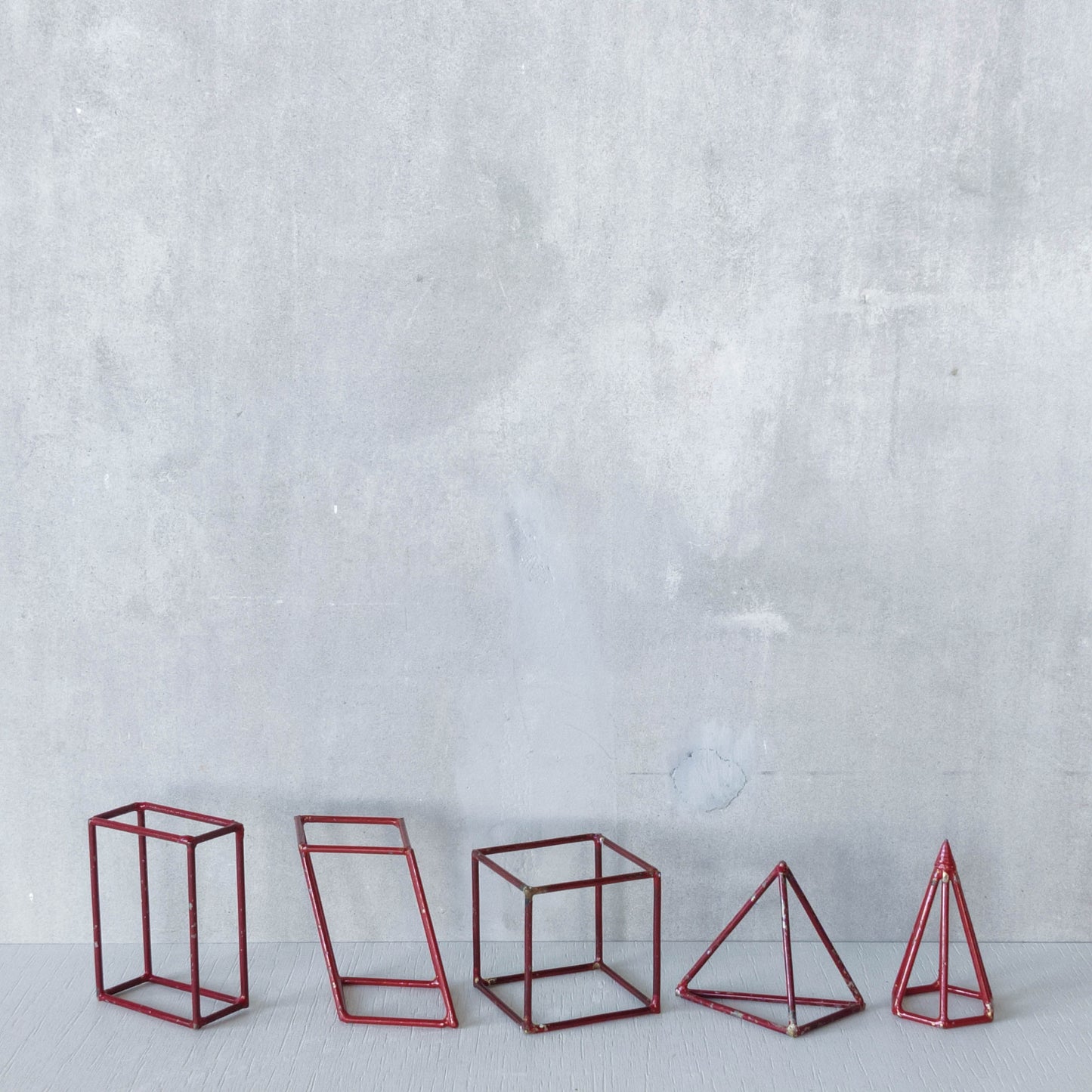 Set of 5 geometric steel wire red 1950s modernist teaching models