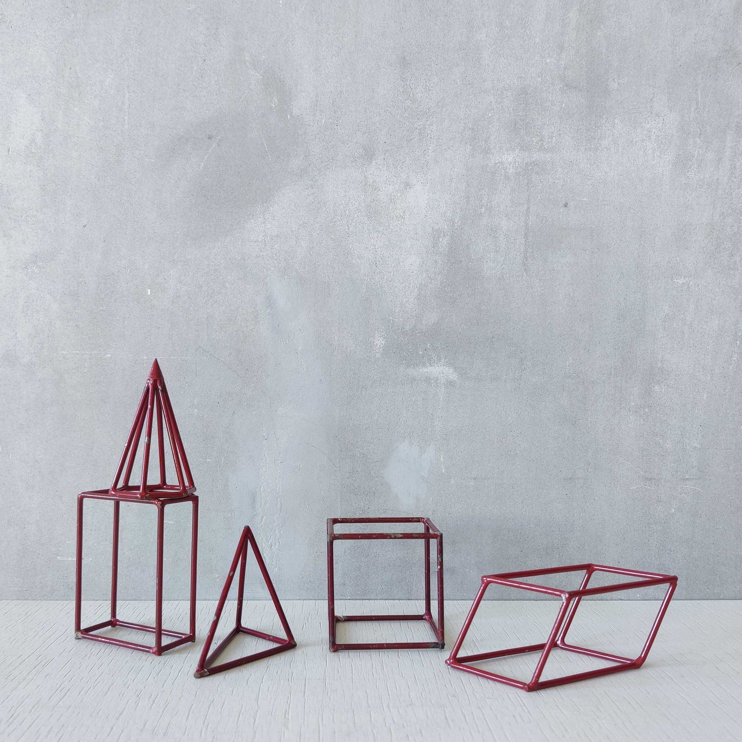 Set of 5 geometric steel wire red 1950s modernist teaching models