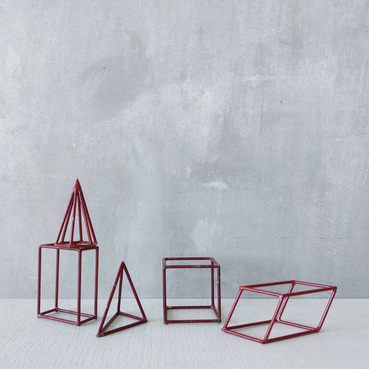 Set of 5 geometric steel wire red 1950s modernist teaching models