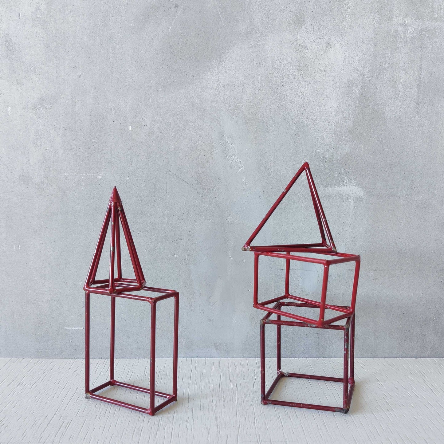 Set of 5 geometric steel wire red 1950s modernist teaching models
