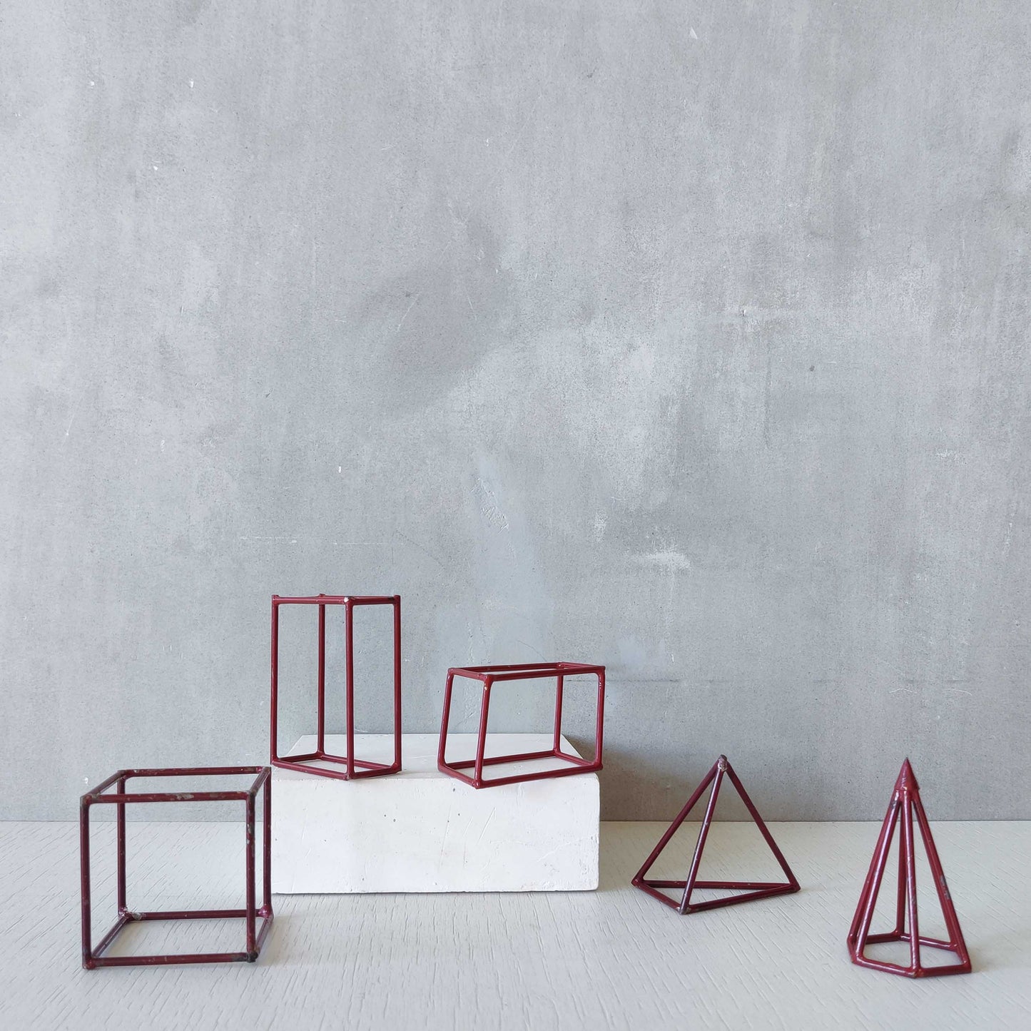 Set of 5 geometric steel wire red 1950s modernist teaching models