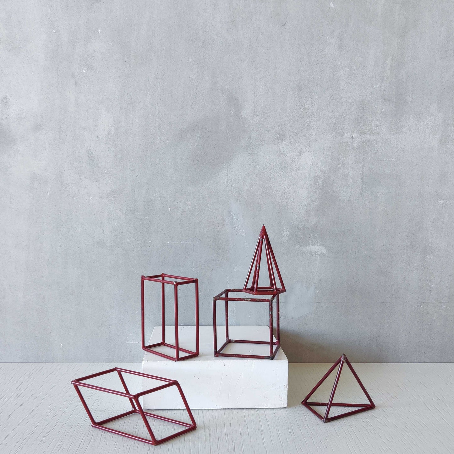Set of 5 geometric steel wire red 1950s modernist teaching models