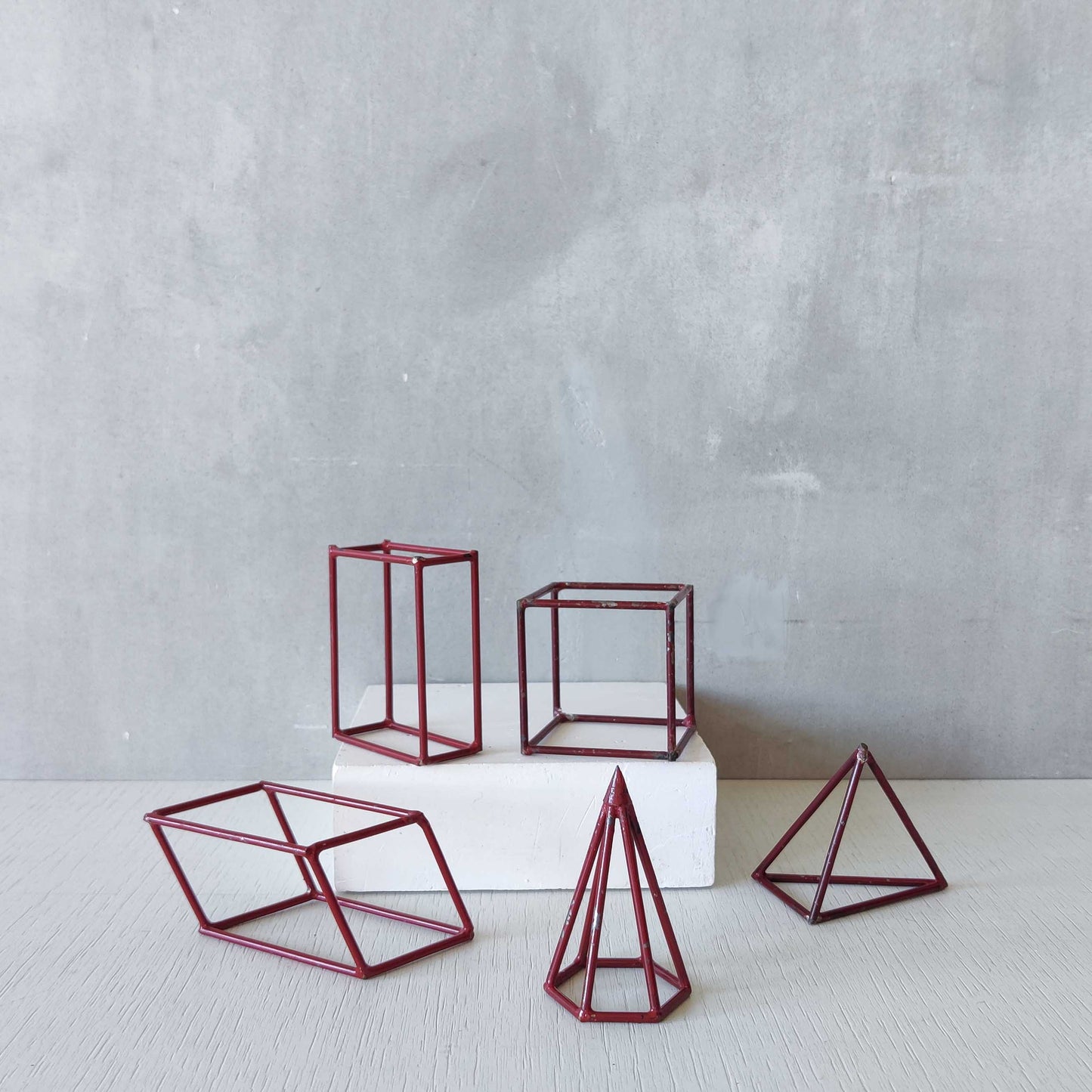 Set of 5 geometric steel wire red 1950s modernist teaching models